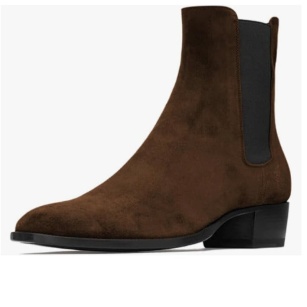 FOWT Dark Brown Men Fashion Round Toe Block Low Heel Stretchy Ankle Boots